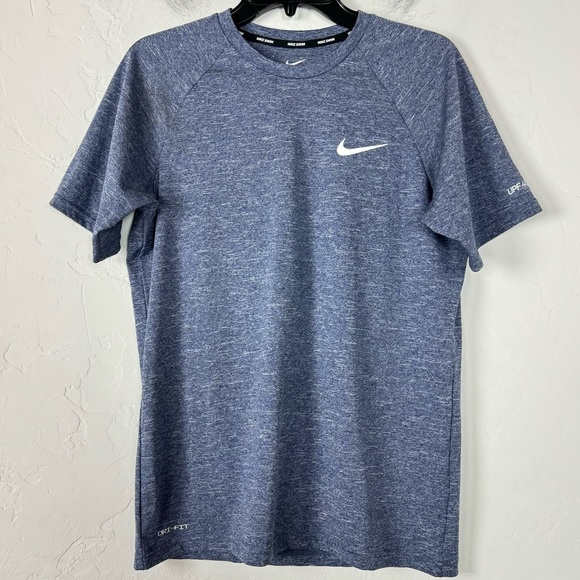 Nike Dri Fit‎ Shirt Crew Neck Short Sleeve Marled Heather Blue Hydroguard Swim - Picture 1 of 7